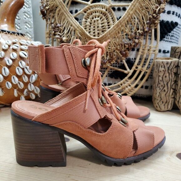 Sorel Nadia Womens 7 Teak Brown Suede Lace Up Sandals Shoes Block Heel - Picture 1 of 12
